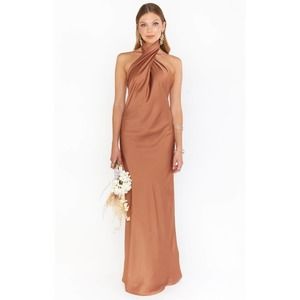 NWOT Show Me Your Mumu Jasmine Halter Maxi Dress Copper Luxe Satin XS